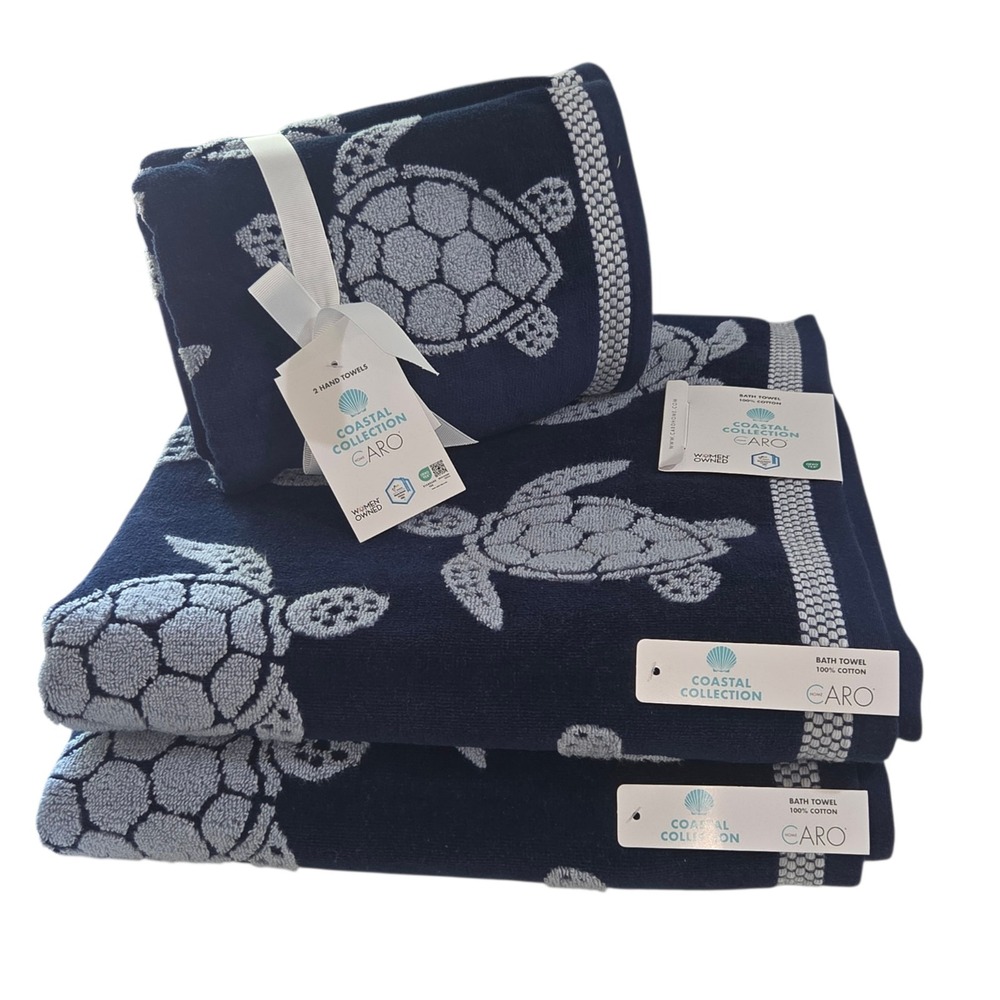 Caro Home Coastal 4pc Sea Turtles Blue Cotton Towel Set 2Bath 2Hand Reversible